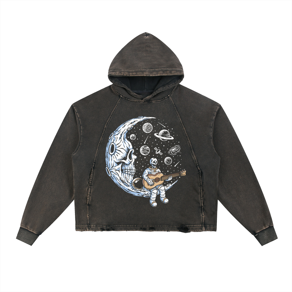 Vintage Washed Frayed-Hem Hoodie (A Tune on The Moon)